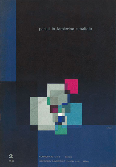 Copertina del catalogo 'Pareti in lamierino smaltato' (Eugenio Carmi, 1957).